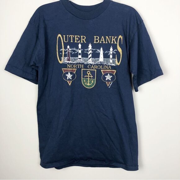 PRAIRIE MOUNTAIN | OUTER BANKS Vintage Single Stitch Navy Blue Tee Unisex Large - Picture 1 of 7